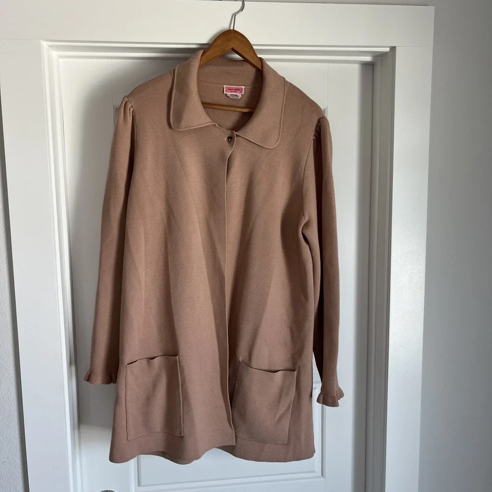Kate Spade Long Knit Open Cardigan Blazer Sweater XL Ruffle Sleeve Classic Beige